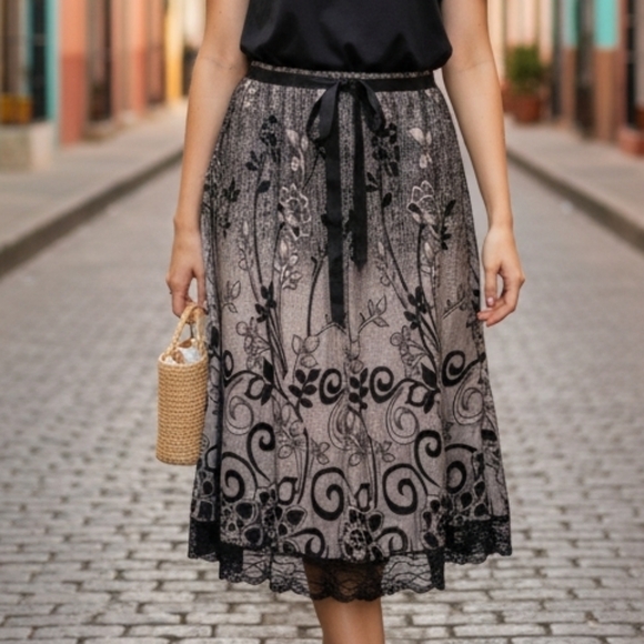 Raindrops Dresses & Skirts - Elegant Black and Gray Lace Midi Skirt 6818